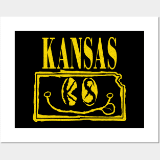 Kansas Grunge Smiling Face Black Background Posters and Art